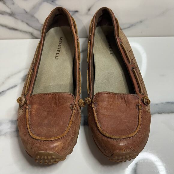 Merrell J76466 Women's Brown Leather Outdoor Vibram Slip On Marina Loafers Sz 7 - Picture 2 of 8